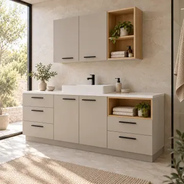 Narelvina Düz MDF Sağ Açık Tekstil Nişli Beş Çekmeceli Banyo Dolabı 200 cm