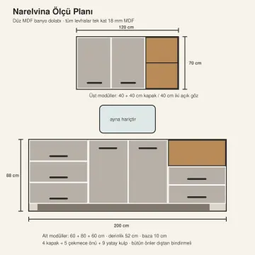 Narelvina Düz MDF Sağ Açık Tekstil Nişli Beş Çekmeceli Banyo Dolabı 200 cm