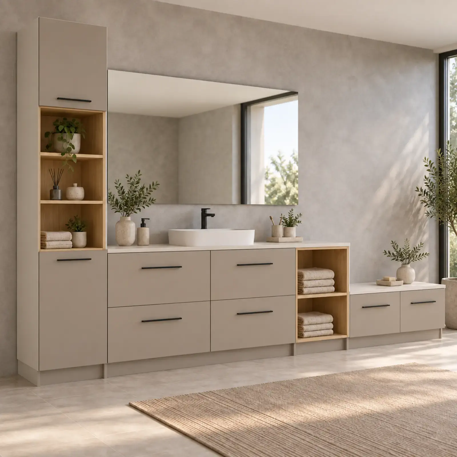 Relvarissa Düz MDF Boy Dolaplı, Altı Çekmeceli ve Beş Açık Gözlü Banyo Dolabı 260 cm