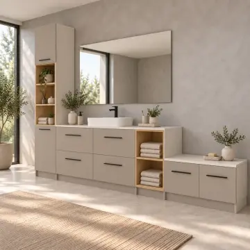 Relvarissa Düz MDF Boy Dolaplı, Altı Çekmeceli ve Beş Açık Gözlü Banyo Dolabı 260 cm