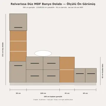 Relvarissa Düz MDF Boy Dolaplı, Altı Çekmeceli ve Beş Açık Gözlü Banyo Dolabı 260 cm
