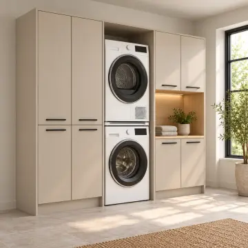 Parelvena Membran Üst Üste İki Makine, Sol Depolama Kuleli ve Çift Sepetli Dolap 200 cm