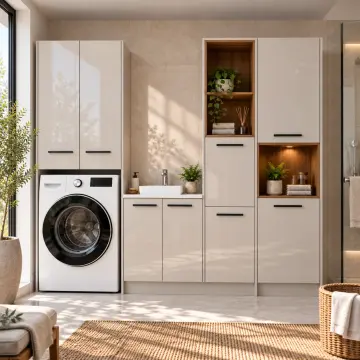 Narelissa High Gloss Tek Makineli, Evye Modüllü, Çift Sepetli ve Temizlik Kuleli Dolap 240 cm