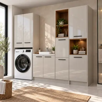 Narelissa High Gloss Tek Makineli, Evye Modüllü, Çift Sepetli ve Temizlik Kuleli Dolap 240 cm