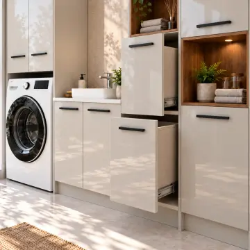 Narelissa High Gloss Tek Makineli, Evye Modüllü, Çift Sepetli ve Temizlik Kuleli Dolap 240 cm