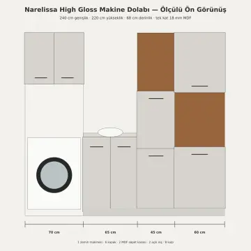 Narelissa High Gloss Tek Makineli, Evye Modüllü, Çift Sepetli ve Temizlik Kuleli Dolap 240 cm