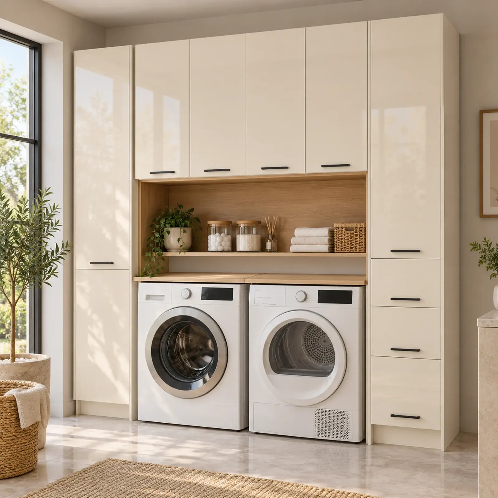 Ravelora High Gloss Yan Yana İki Makine ve Üç Çekmeceli Dolap 220 cm