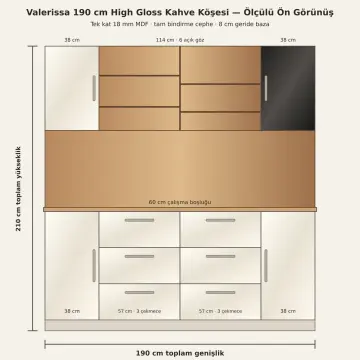 Valerissa 190 cm Altı Gözlü Asimetrik Köprü Nişli Tek Reflekte Camlı High Gloss Kahve Köşesi
