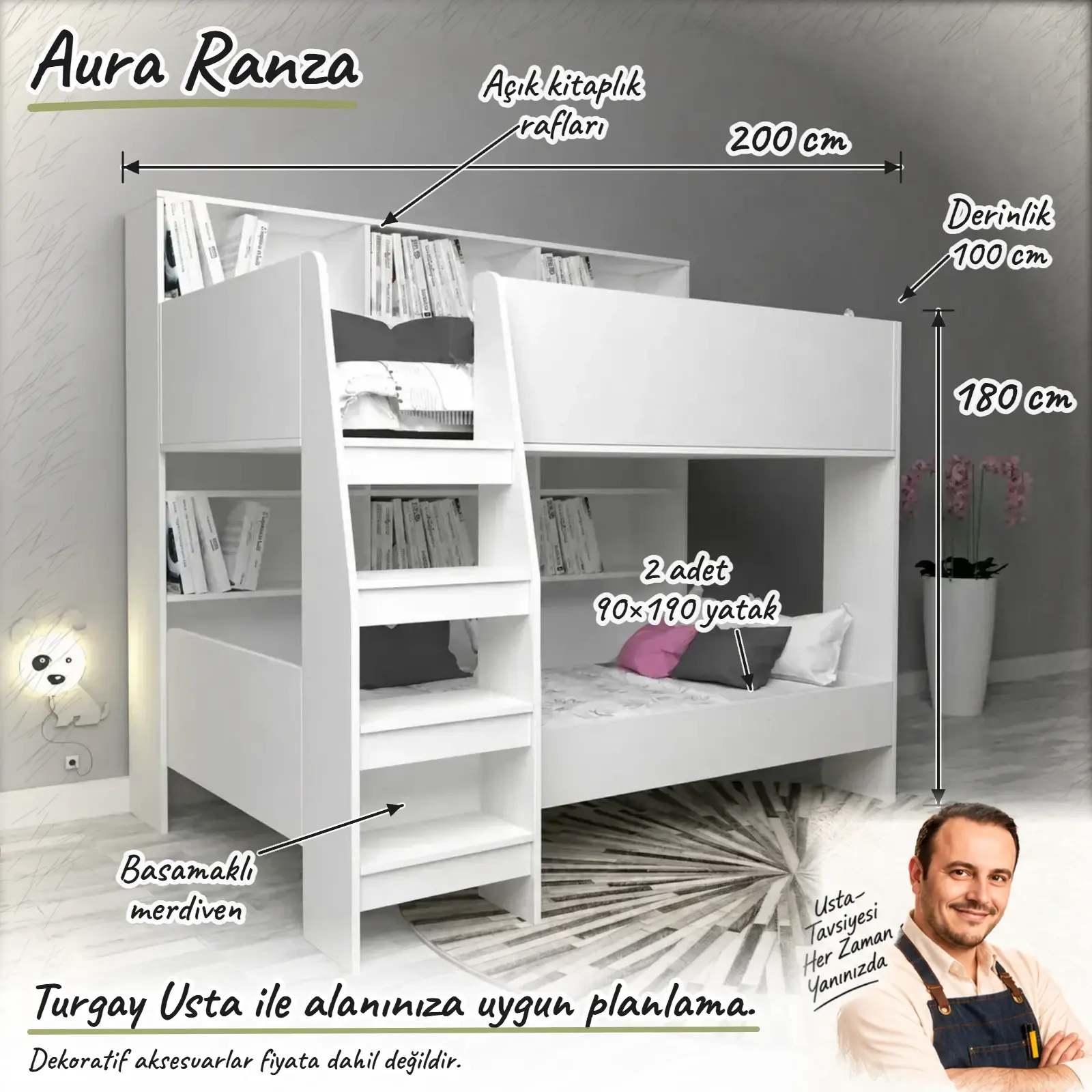 Aura Ranza Turgay Usta ölçülü eskizi 200 x 100 x 180 cm