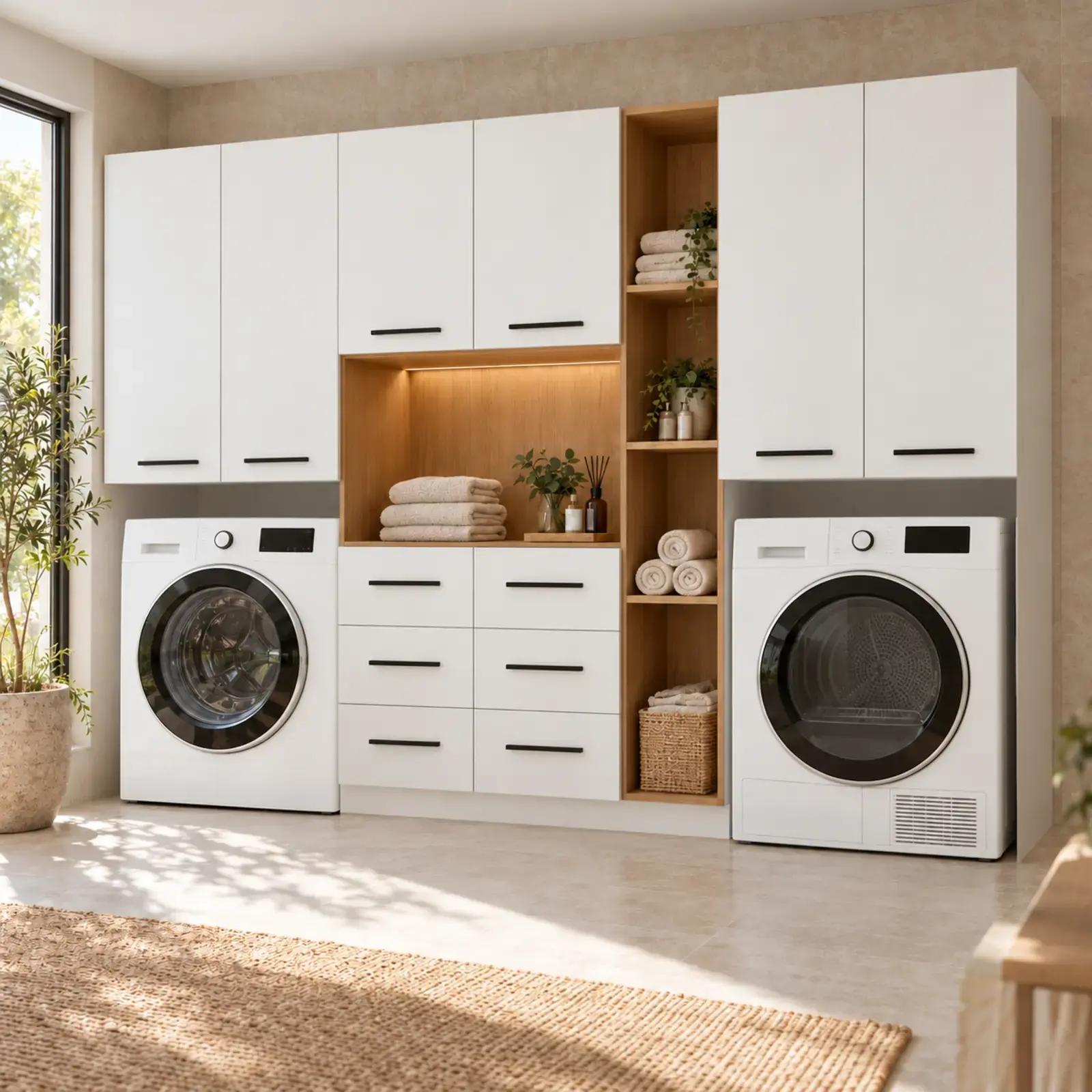 Uvelyona Düz MDF İki Uçta Makineli, Altı Çekmeceli ve Dört Gözlü Dolap 240 cm