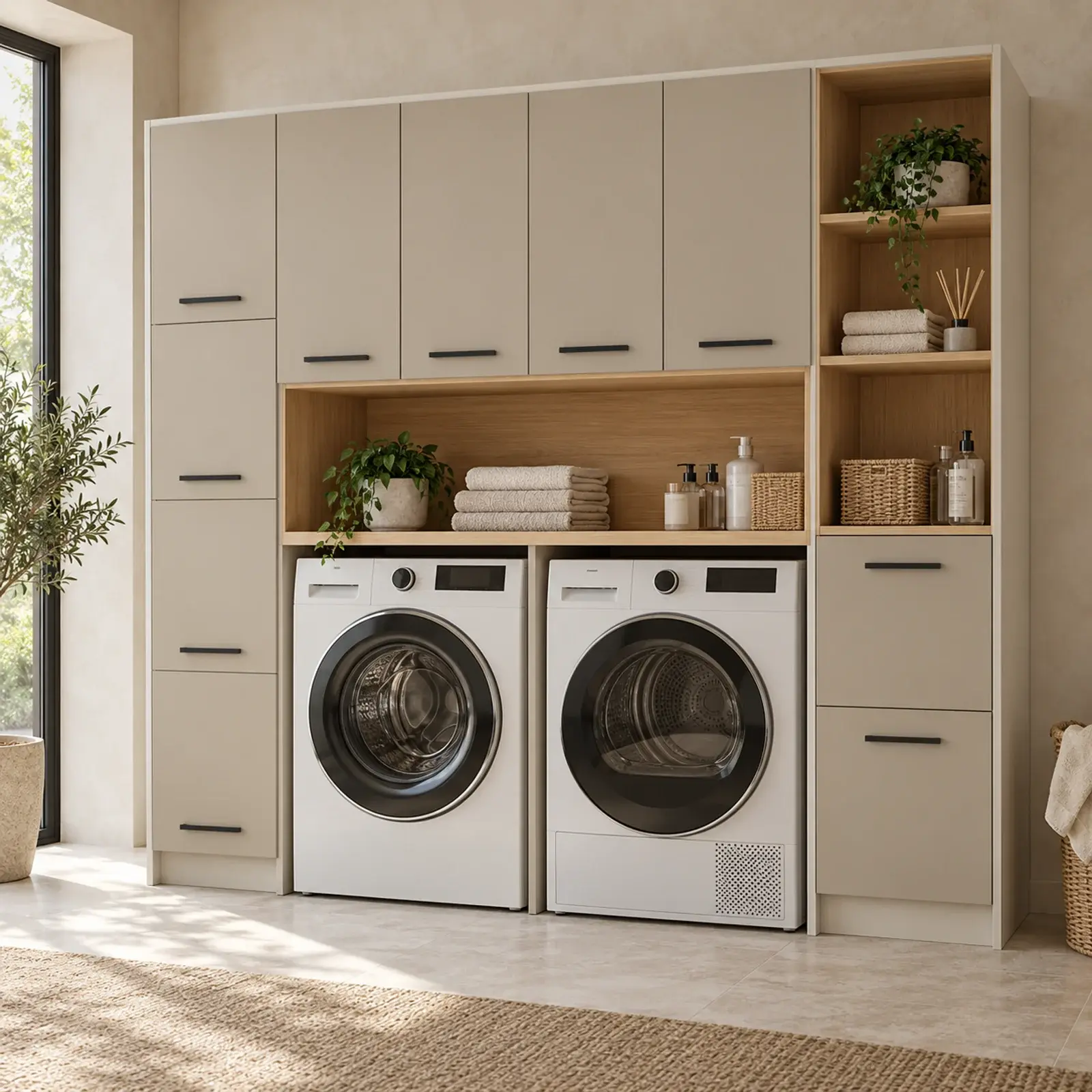 Tarelvena Düz MDF Yan Yana İki Makine, Depolama Kuleli ve Çift Sepetli Dolap 220 cm
