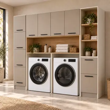Tarelvena Düz MDF Yan Yana İki Makine, Depolama Kuleli ve Çift Sepetli Dolap 220 cm