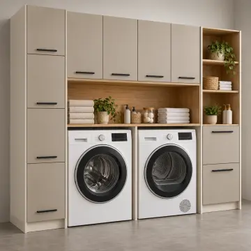 Tarelvena Düz MDF Yan Yana İki Makine, Depolama Kuleli ve Çift Sepetli Dolap 220 cm