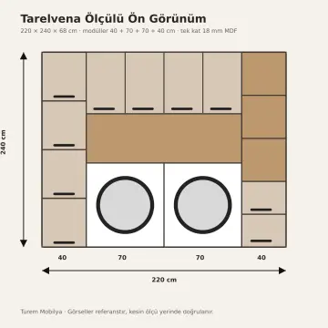 Tarelvena Düz MDF Yan Yana İki Makine, Depolama Kuleli ve Çift Sepetli Dolap 220 cm