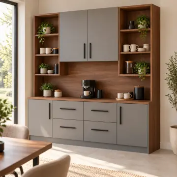 Rovelyassa 180 cm Çift Yan Kuleli Altı Nişli Dört Çekmeceli Düz MDF Kahve Köşesi