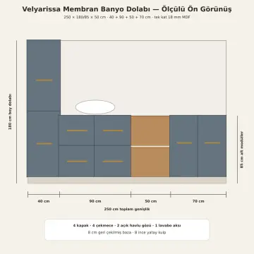 Velyarissa Membran Boy Dolaplı, Dört Çekmeceli ve İki Açık Gözlü Banyo Dolabı 250 cm
