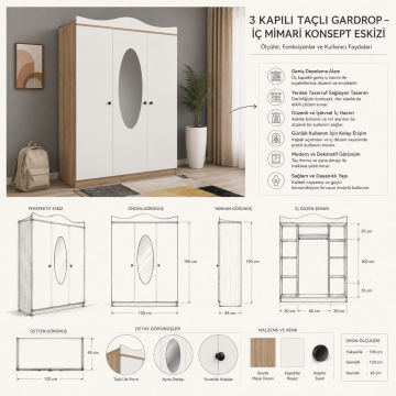 3 Kapılı Taçlı Gardrop