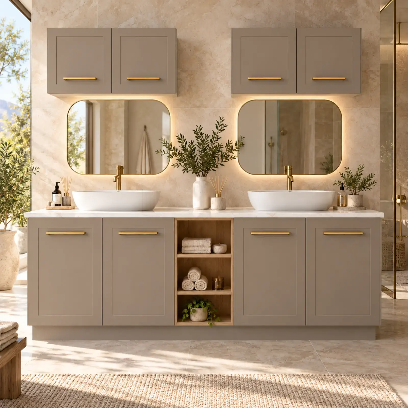 Urelvessa Membran Çift Lavabolu Orta Açık Havlu Nişli Sekiz Kapaklı Banyo Dolabı 200 cm