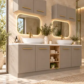 Urelvessa Membran Çift Lavabolu Orta Açık Havlu Nişli Sekiz Kapaklı Banyo Dolabı 200 cm