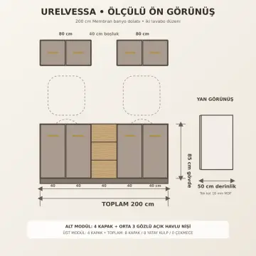 Urelvessa Membran Çift Lavabolu Orta Açık Havlu Nişli Sekiz Kapaklı Banyo Dolabı 200 cm