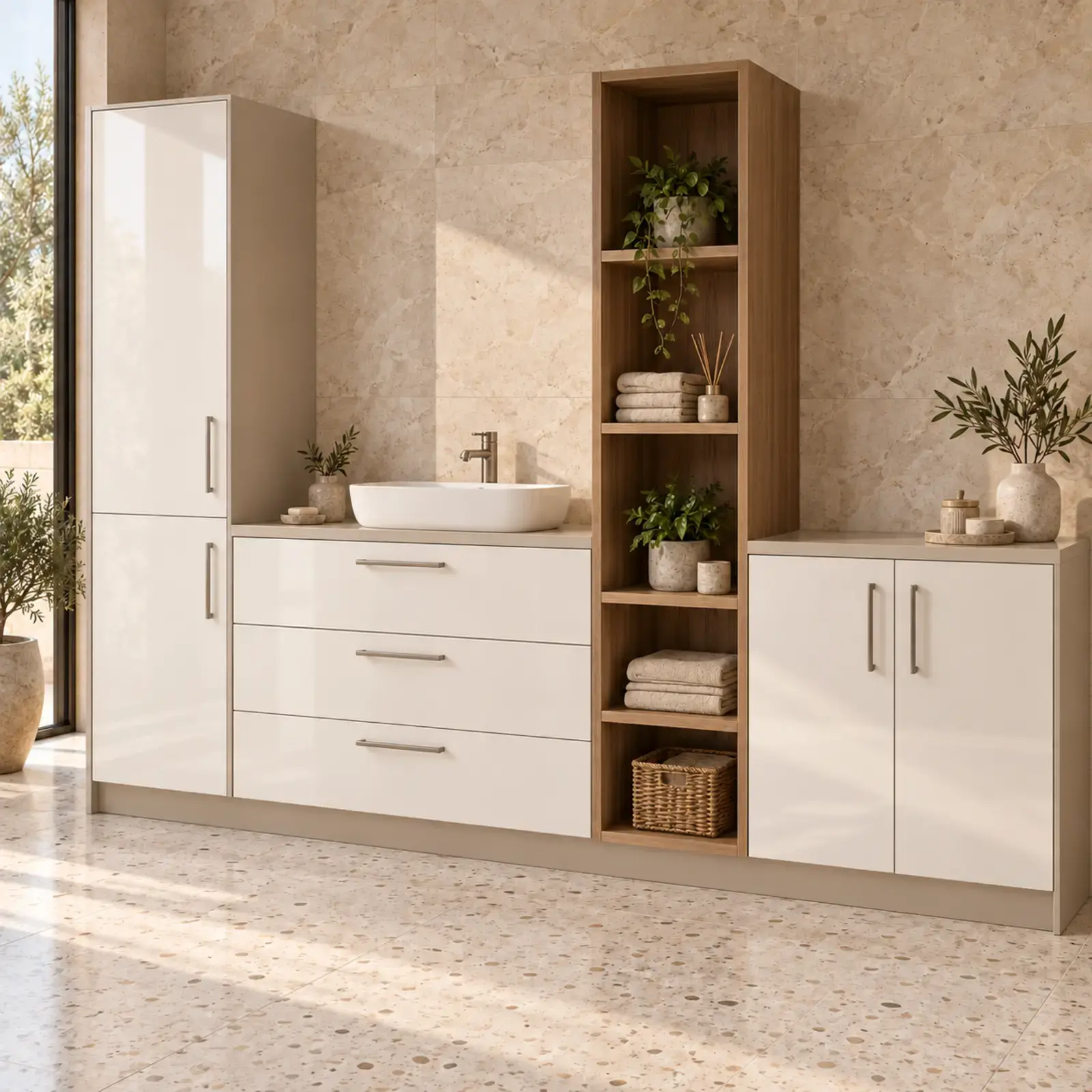 Welyarissa High Gloss Boy Dolaplı, Üç Çekmeceli ve Beş Açık Gözlü Banyo Dolabı 255 cm
