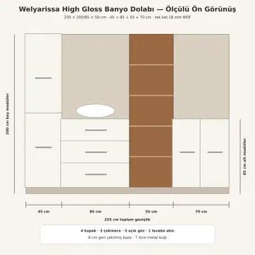 Welyarissa High Gloss Boy Dolaplı, Üç Çekmeceli ve Beş Açık Gözlü Banyo Dolabı 255 cm