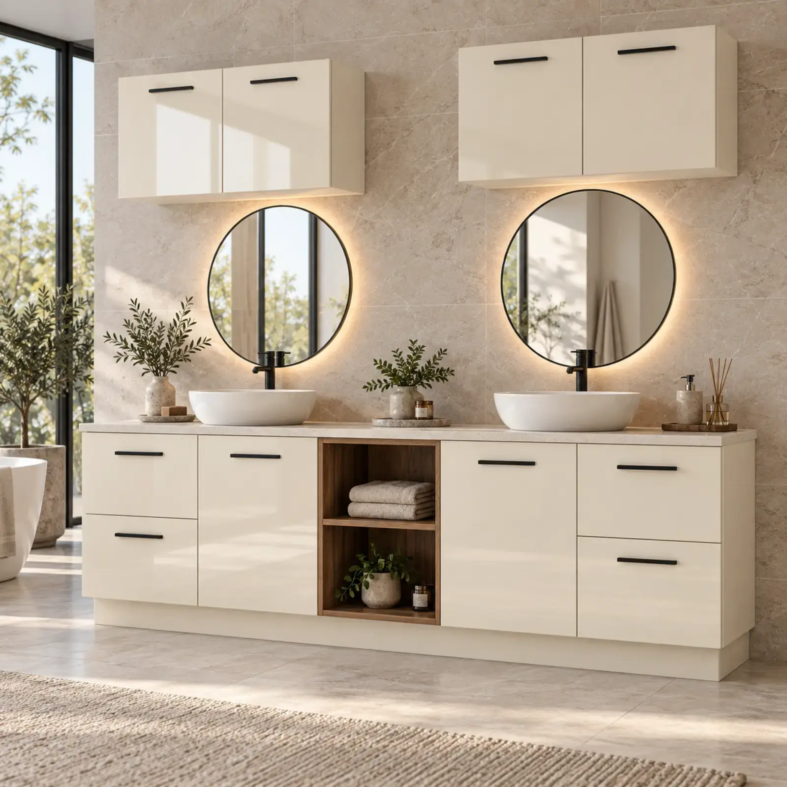 Varelissa High Gloss Çift Lavabolu Uç Çekmeceli Orta Açık Havlu Nişli Banyo Dolabı 200 cm