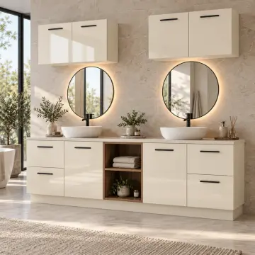 Varelissa High Gloss Çift Lavabolu Uç Çekmeceli Orta Açık Havlu Nişli Banyo Dolabı 200 cm