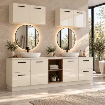 Varelissa High Gloss Çift Lavabolu Uç Çekmeceli Orta Açık Havlu Nişli Banyo Dolabı 200 cm