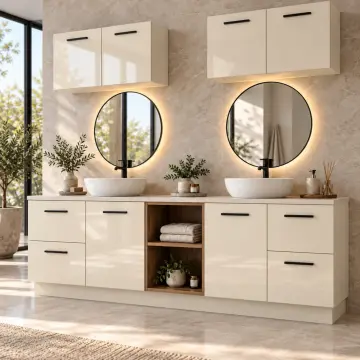 Varelissa High Gloss Çift Lavabolu Uç Çekmeceli Orta Açık Havlu Nişli Banyo Dolabı 200 cm