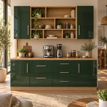 Cervalyona 180 cm Yedi Gözlü Basamak Nişli Beş Çekmeceli High Gloss Kahve Köşesi
