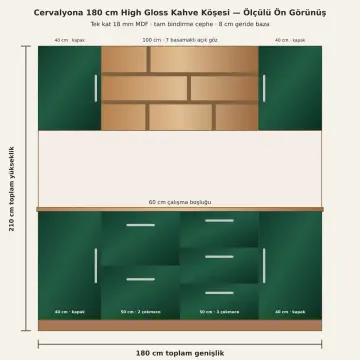 Cervalyona 180 cm Yedi Gözlü Basamak Nişli Beş Çekmeceli High Gloss Kahve Köşesi