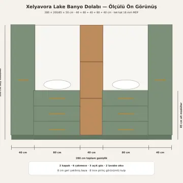 Xelyavora Lake İki Boy Dolaplı Altı Çekmeceli ve Üç Açık Gözlü Banyo Dolabı 280 cm