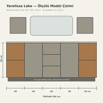 Yarelissa Lake Çift Yan Açık Havlu Nişli Orta Üç Çekmeceli Banyo Dolabı 200 cm