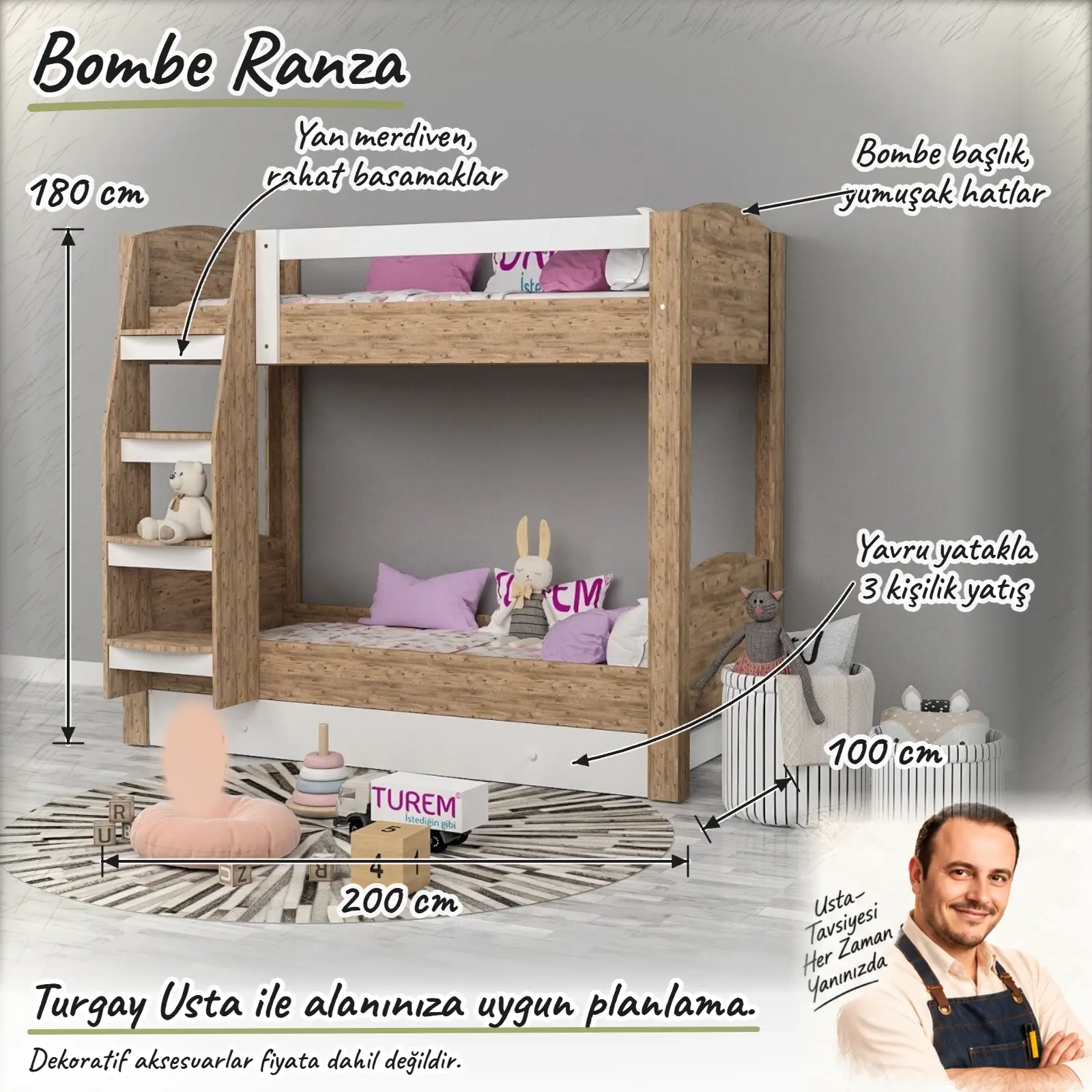 Bombe Ranza ölçülü Turgay Usta eskizi 200x100x180 cm