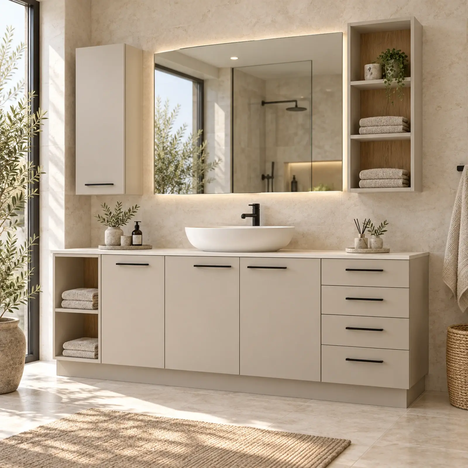 Zarelina Düz MDF Sol Açık Havlu Nişli Sağ Dört Çekmeceli Banyo Dolabı 200 cm