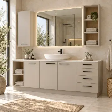 Zarelina Düz MDF Sol Açık Havlu Nişli Sağ Dört Çekmeceli Banyo Dolabı 200 cm