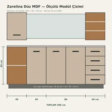 Zarelina Düz MDF Sol Açık Havlu Nişli Sağ Dört Çekmeceli Banyo Dolabı 200 cm