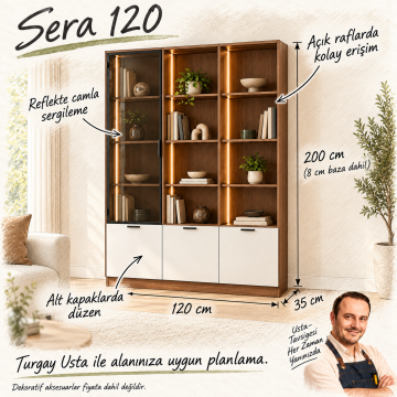 Sera 120 Ceviz Beyaz Reflekte Camlı Dikey LED Kitaplık