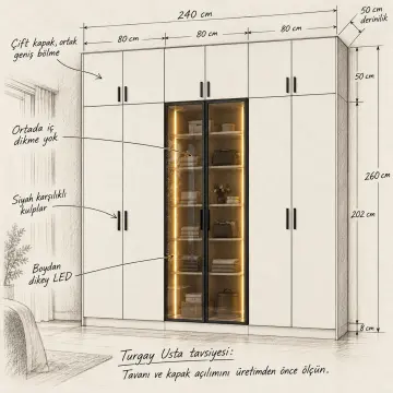 Lunera 240 Reflekte Camlı Dikey LED’li MDF Gardırop