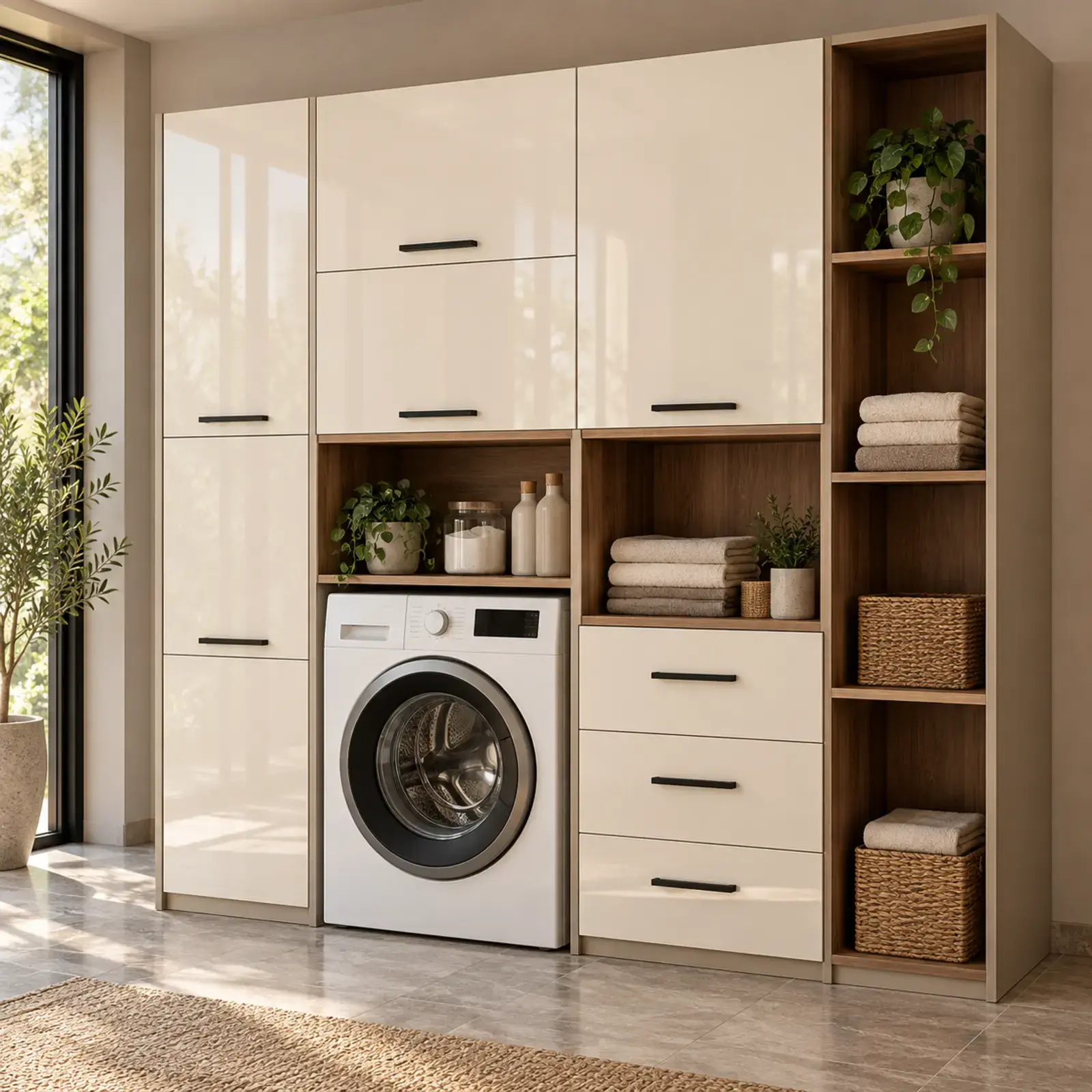 Carelora High Gloss Tek Makine, Açık Katlama Nişli ve Üç Çekmeceli Dolap 200 cm