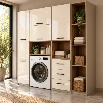 Carelora High Gloss Tek Makine, Açık Katlama Nişli ve Üç Çekmeceli Dolap 200 cm