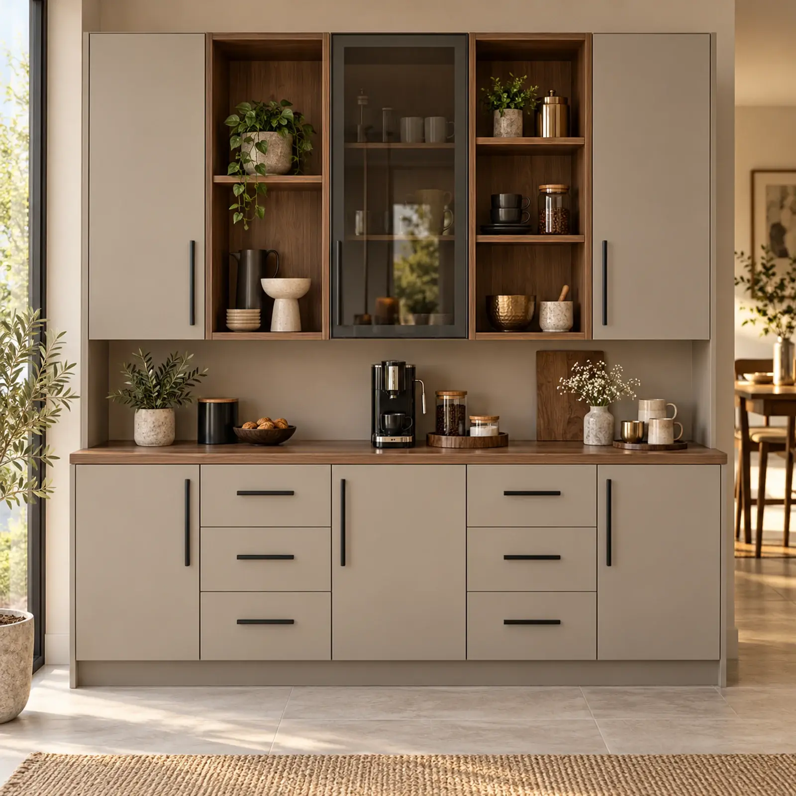 Pervelyona 200 cm Çift Dikey Nişli Orta Reflekte Camlı Altı Çekmeceli Düz MDF Kahve Köşesi
