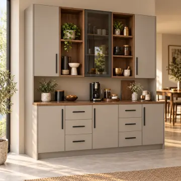 Pervelyona 200 cm Çift Dikey Nişli Orta Reflekte Camlı Altı Çekmeceli Düz MDF Kahve Köşesi