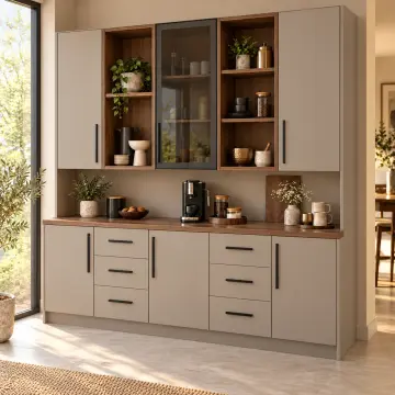 Pervelyona 200 cm Çift Dikey Nişli Orta Reflekte Camlı Altı Çekmeceli Düz MDF Kahve Köşesi