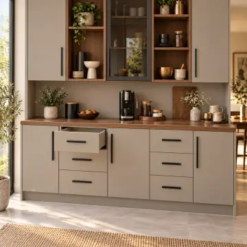 Pervelyona 200 cm Çift Dikey Nişli Orta Reflekte Camlı Altı Çekmeceli Düz MDF Kahve Köşesi