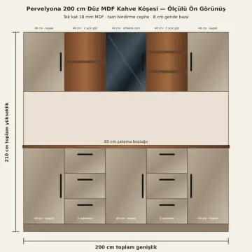 Pervelyona 200 cm Çift Dikey Nişli Orta Reflekte Camlı Altı Çekmeceli Düz MDF Kahve Köşesi