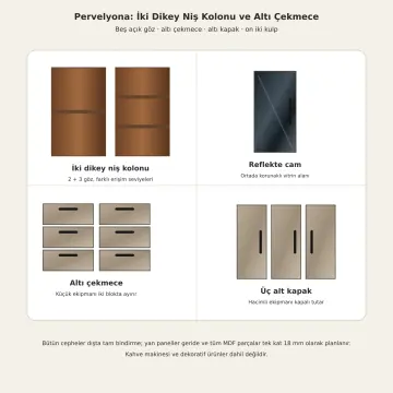 Pervelyona 200 cm Çift Dikey Nişli Orta Reflekte Camlı Altı Çekmeceli Düz MDF Kahve Köşesi