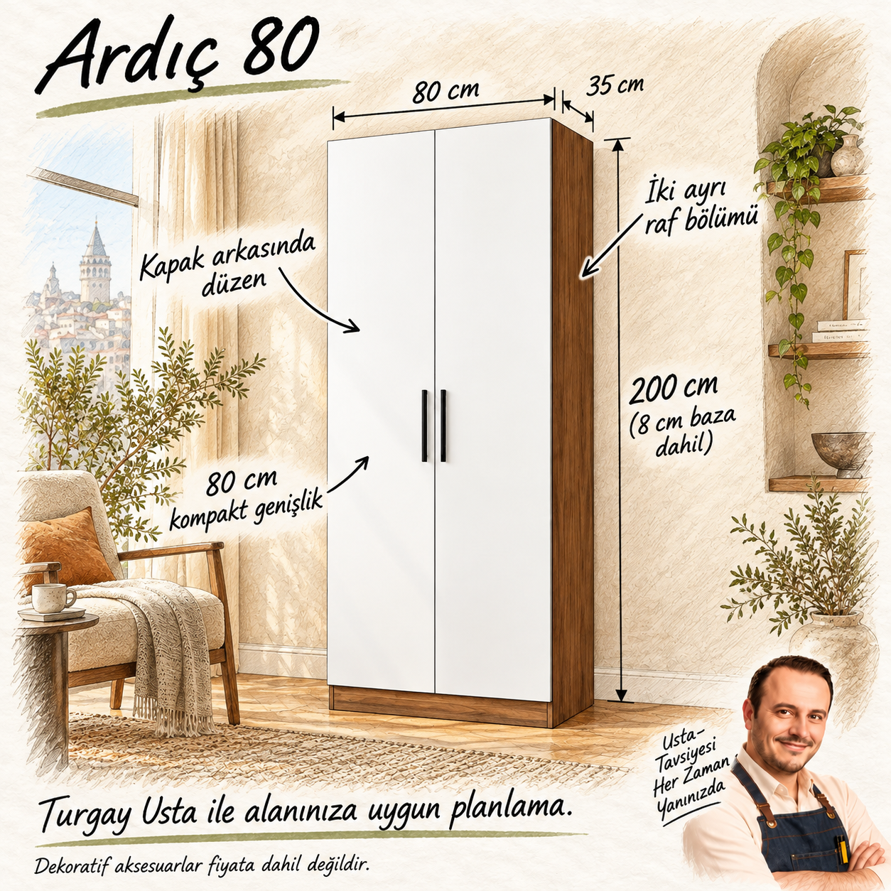 Ardıç 80 ceviz beyaz kapaklı kitaplık 80 x 35 x 200 cm ölçülü Turgay Usta eskizi