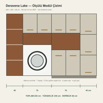 Deravena Lake Tek Makine, Çift Sepet ve Açık Havlu Kuleli Dolap 220 cm